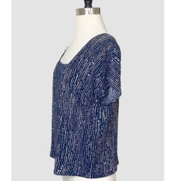 Navy Blue Bubble Print Button Back Square Neck Tee, Medium NWT - Picture 2 of 4